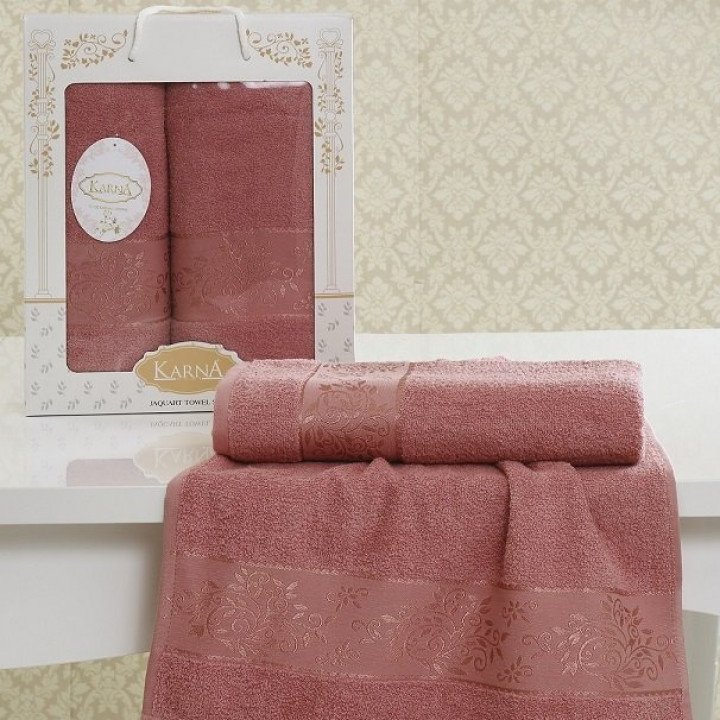 Комплект махровых полотенец с жаккардом "KARNA" LAUREN Грязно-розовый 50x90-70х140