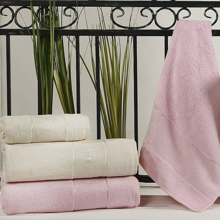 Комплект полотенец бамбук "KARNA" PANDORA Кремовый - Светло-розовый 50х90*2-90x150*2 1/4